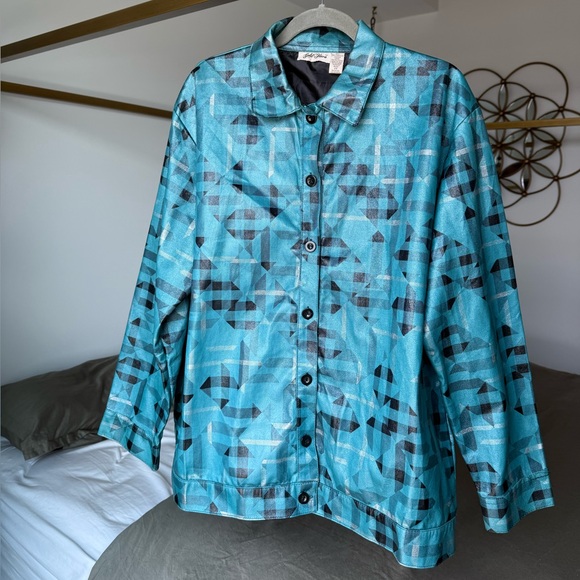 Vintage Gold Flava Long Sleeve Shirt Blue Green Sz Plus 24 Leather 90s Y2K - Picture 1 of 6